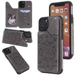 For iPhone 11 Pro Flower Embossing Pattern Shockproof Protective Case with Holder & Card Slots & Photo Frame (Grey)