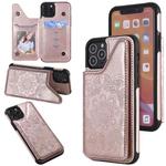 For iPhone 11 Pro Flower Embossing Pattern Shockproof Protective Case with Holder & Card Slots & Photo Frame (Rose Gold)