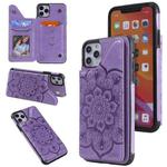 For iPhone 11 Pro Max Flower Embossing Pattern Shockproof Protective Case with Holder & Card Slots & Photo Frame(Purple)