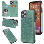 For iPhone 11 Pro Max Flower Embossing Pattern Shockproof Protective Case with Holder & Card Slots & Photo Frame(Green)