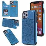 For iPhone 11 Pro Max Flower Embossing Pattern Shockproof Protective Case with Holder & Card Slots & Photo Frame(Blue)