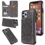 For iPhone 11 Pro Max Flower Embossing Pattern Shockproof Protective Case with Holder & Card Slots & Photo Frame(Grey)