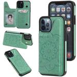 For iPhone 12 / 12 Pro Flower Embossing Pattern Shockproof Protective Case with Holder & Card Slots & Photo Frame(Green)