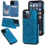 For iPhone 12 / 12 Pro Flower Embossing Pattern Shockproof Protective Case with Holder & Card Slots & Photo Frame(Blue)