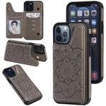For iPhone 12 / 12 Pro Flower Embossing Pattern Shockproof Protective Case with Holder & Card Slots & Photo Frame(Grey)