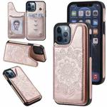 For iPhone 12 / 12 Pro Flower Embossing Pattern Shockproof Protective Case with Holder & Card Slots & Photo Frame(Rose Gold)