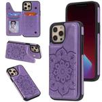 For iPhone 12 Pro Max Flower Embossing Pattern Shockproof Protective Case with Holder & Card Slots & Photo Frame(Purple)