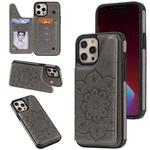 For iPhone 12 Pro Max Flower Embossing Pattern Shockproof Protective Case with Holder & Card Slots & Photo Frame(Grey)