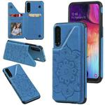 For Samsung Galaxy A50 Flower Embossing Pattern Shockproof Protective Case with Holder & Card Slots & Photo Frame(Blue)