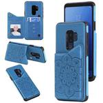 For Samsung Galaxy S9 Plus Flower Embossing Pattern Shockproof Protective Case with Holder & Card Slots & Photo Frame(Blue)