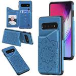 For Samsung Galaxy S10 5G Flower Embossing Pattern Shockproof Protective Case with Holder & Card Slots & Photo Frame(Blue)