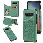 For Samsung Galaxy S10 Plus Flower Embossing Pattern Shockproof Protective Case with Holder & Card Slots & Photo Frame(Green)