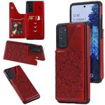 For Samsung Galaxy S20 FE 5G Flower Embossing Pattern Shockproof Protective Case with Holder & Card Slots & Photo Frame(Red)