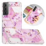 For Samsung Galaxy S21 5G Flat Plating Splicing Gilding Protective Case(Purple Flowers Color Matching)