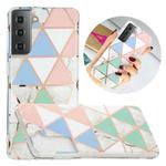 For Samsung Galaxy S21 5G Flat Plating Splicing Gilding Protective Case(Blue White Green Pink Color Matching)