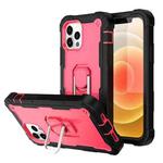 For iPhone 12 mini PC + Rubber 3-layers Shockproof Protective Case with Rotating Holder (Black + Rose Red)