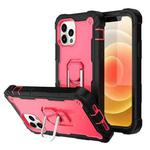 For iPhone 12 Pro Max PC + Rubber 3-layers Shockproof Protective Case with Rotating Holder(Black + Rose Red)