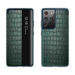 For Samsung Galaxy S21 5G Crocodile Texture Display Window Horizontal Flip Leather Case(Green)