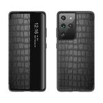 For Samsung Galaxy S21 5G Crocodile Texture Display Window Horizontal Flip Leather Case(Black)