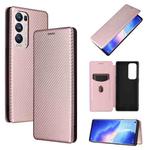 For OPPO Reno5 Pro+ Carbon Fiber Texture Horizontal Flip TPU + PC + PU Leather Case with Card Slot(Pink)