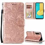 For LG Stylo 7 5G Lace Flower Embossing Pattern Horizontal Flip Leather Case with Holder & Card Slots & Wallet & Photo Frame(Rose Gold)