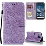 For Nokia 8.3 5G Lace Flower Embossing Pattern Horizontal Flip Leather Case with Holder & Card Slots & Wallet & Photo Frame(Purple)