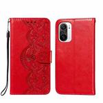 For Xiaomi Redmi K40 Flower Vine Embossing Pattern Horizontal Flip Leather Case with Card Slot & Holder & Wallet & Lanyard(Red)