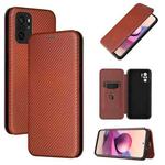 For Xiaomi Redmi Note 10S Carbon Fiber Texture Horizontal Flip TPU + PC + PU Leather Case with Card Slot(Brown)