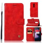 For OnePlus 6 Retro Copper Buckle Crazy Horse Horizontal Flip PU Leather Case with Holder & Card Slots & Wallet & Lanyard(Red)