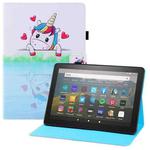 For Amazon Kindle Fire HD8 (2020) Colored Drawing Horizontal Flip PU Leather Case with Holder & Card Slots & Wallet & Sleep / Wake-up Function(Loving Unicorn)