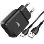 hoco N7 Speedy Dual Ports USB Charger with USB to USB-C / Type-C Data Cable, EU Plug(Black)