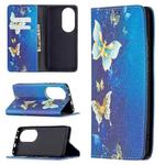 For Huawei P50 Pro Colored Drawing Pattern Invisible Magnetic Horizontal Flip PU Leather Case with Holder & Card Slots & Wallet(Gold Butterflies)