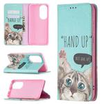 For Huawei P50 Colored Drawing Pattern Invisible Magnetic Horizontal Flip PU Leather Case with Holder & Card Slots & Wallet(Cat)