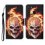 For Samsung Galaxy A21 Colored Drawing Pattern Horizontal Flip Leather Case with Holder & Card Slots & Wallet & Lanyard(Flame Skull)