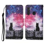 For Samsung Galaxy A21 Colored Drawing Pattern Horizontal Flip Leather Case with Holder & Card Slots & Wallet & Lanyard(Starry Cat)