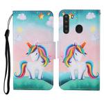 For Samsung Galaxy A21 Colored Drawing Pattern Horizontal Flip Leather Case with Holder & Card Slots & Wallet & Lanyard(Rainbow Unicorn)