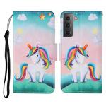 For Samsung Galaxy S21 5G Colored Drawing Pattern Horizontal Flip Leather Case with Holder & Card Slots & Wallet & Lanyard(Rainbow Unicorn)
