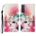 For Samsung Galaxy S21 5G Colored Drawing Pattern Horizontal Flip Leather Case with Holder & Card Slots & Wallet & Lanyard(Squint Cat)