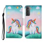 For Samsung Galaxy S21+ 5G Colored Drawing Pattern Horizontal Flip Leather Case with Holder & Card Slots & Wallet & Lanyard(Rainbow Unicorn)