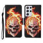 For Samsung Galaxy S21 Ultra 5G Colored Drawing Pattern Horizontal Flip Leather Case with Holder & Card Slots & Wallet & Lanyard(Flame Skull)