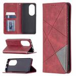 For Huawei P50 Pro Rhombus Texture Horizontal Flip Magnetic Leather Case with Holder & Card Slots(Red)