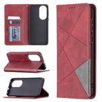 For Huawei P50 Rhombus Texture Horizontal Flip Magnetic Leather Case with Holder & Card Slots(Red)