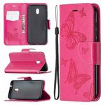 For Nokia C1 Plus Two Butterflies Embossing Pattern Horizontal Flip Leather Case with Holder & Card Slot & Wallet & Lanyard(Rose Red)