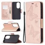 For Huawei P50 Two Butterflies Embossing Pattern Horizontal Flip Leather Case with Holder & Card Slot & Wallet & Lanyard(Rose Gold)