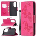 For Huawei P50 Two Butterflies Embossing Pattern Horizontal Flip Leather Case with Holder & Card Slot & Wallet & Lanyard(Rose Red)