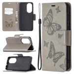 For Huawei P50 Two Butterflies Embossing Pattern Horizontal Flip Leather Case with Holder & Card Slot & Wallet & Lanyard(Grey)