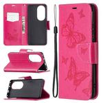 For Huawei P50 Pro Two Butterflies Embossing Pattern Horizontal Flip Leather Case with Holder & Card Slot & Wallet & Lanyard(Rose Red)