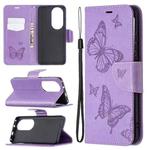 For Huawei P50 Pro Two Butterflies Embossing Pattern Horizontal Flip Leather Case with Holder & Card Slot & Wallet & Lanyard(Purple)