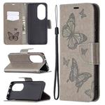 For Huawei P50 Pro Two Butterflies Embossing Pattern Horizontal Flip Leather Case with Holder & Card Slot & Wallet & Lanyard(Grey)