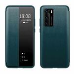 For Huawei P40 Magnetic Side Window View Shockproof Horizontal Flip Leather Smart Case(Cyan)